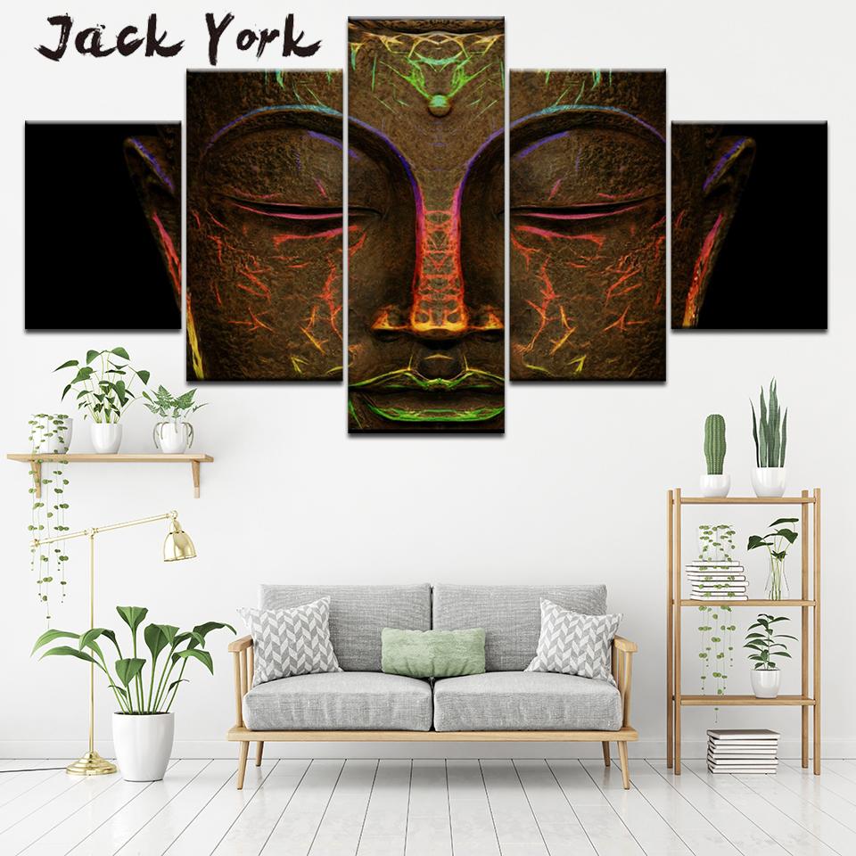 Canvas Painting glowing light bronze statue of buddha's face 5 Pieces Wall Art Painting Modular Wallpapers Poster Print Decor
