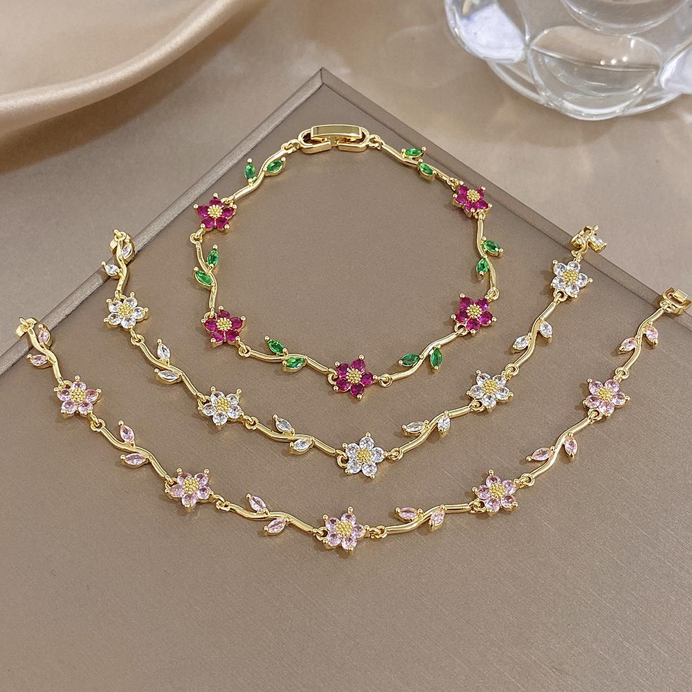 Exquisite Stackable Stainless Steel Bracelets for Women Elegant Shiny Rhinestone Leaves Flower Charm Bracelet Lady Jewelry Gift