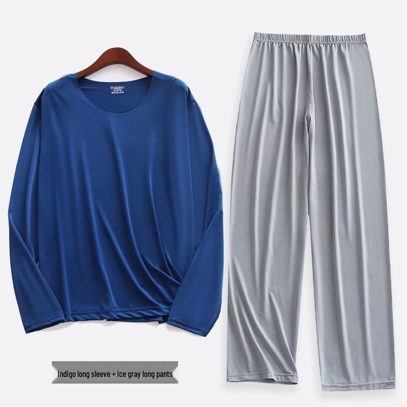 Liquid Ice Silk Ultra-Thin Men's Pajama Set - Spring/Summer Long Sleeve Top & 9/9 Length Pants, High Elastic Home Wear