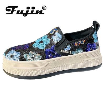 Fujin/Новинка 5 см, сетчатая синтетическая платформа на танкетке, летние блестящие кожаные удобные брендовые кроссовки без шнуровки на плоской подошве, массивные повседневные кроссовки