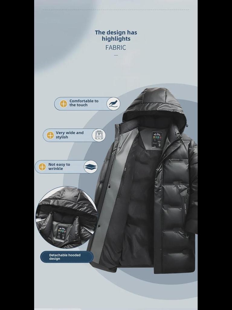 Мужская зимняя куртка средней длины с капюшоном на белом утином пуху 2024 года