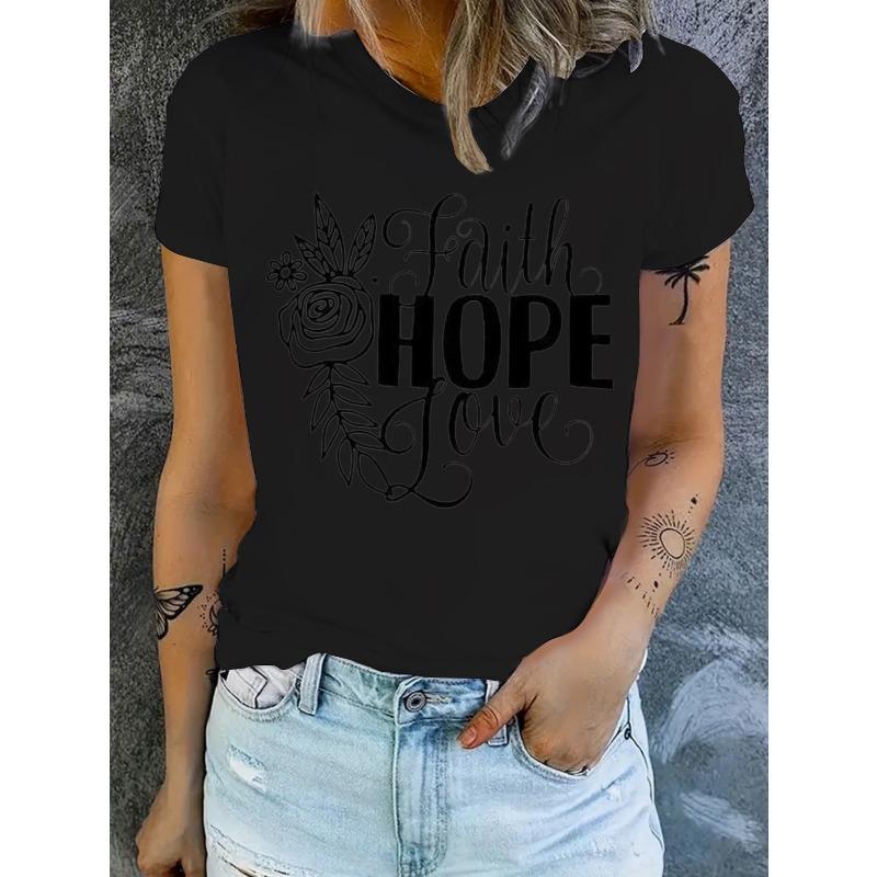 Faith Hope Love Women's Inspirational Graphic T-Shirt - Soft & Comfortable Casual Short Sleeve Crew Neck Top with Floral Design,