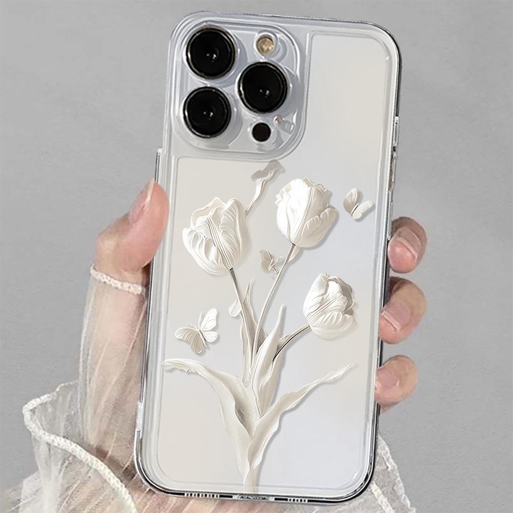 White hyacinth and butterfly TPU phone case suitable for iPhone 17 16 15 14 13 12 11 Pro/Max/Plus anti drop and shockproof