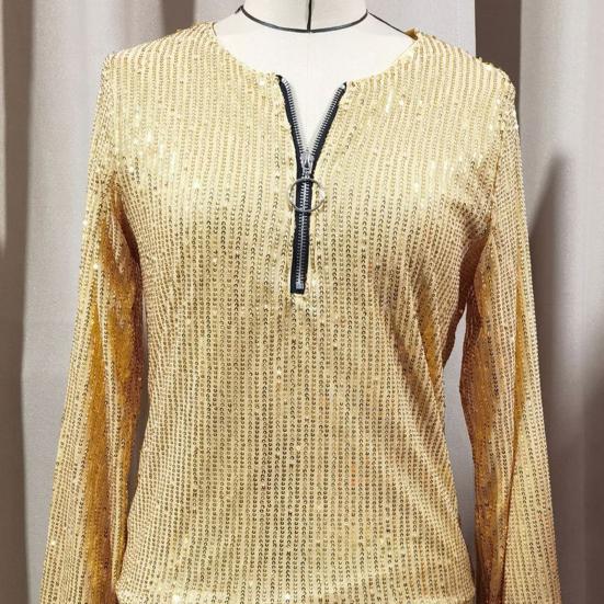 Женская рубашка с круглым вырезом на молнии с полузастежкой и длинным рукавом, пуловер, топы, сверкающие