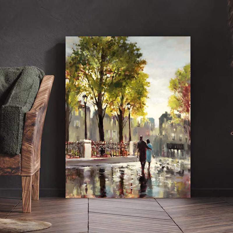 Framed - Modern Street Couple Printed Canvas Wall Art Poster - Abstract Architecture Multiple Scene Display Wall Art - Including Hanging Hardware