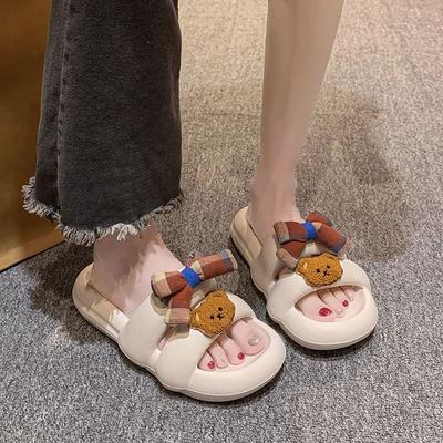 Милые шлепанцы с бантом одним словом для женщин 2025 новые девичьи сердечки на плоской подошве ощущение наступания на дерьмо универсальные домашние тапочки-половинки для женщин