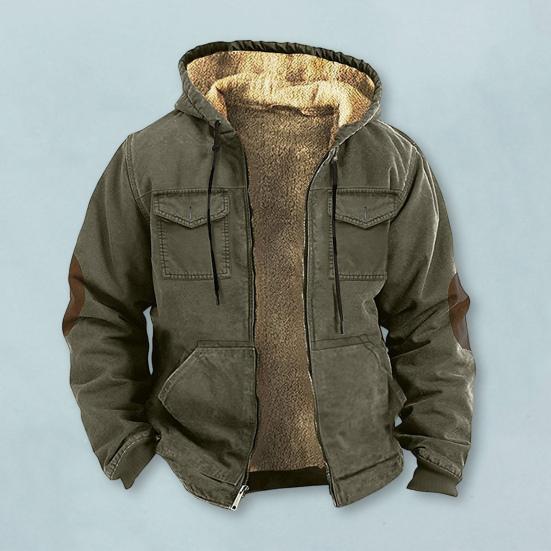 Мужская термокуртка с капюшоном, затягивающимся шнурком, длинным рукавом, однотонная куртка с карманами, застежкой-молнией, плюшевой подкладкой, спортивное пальто