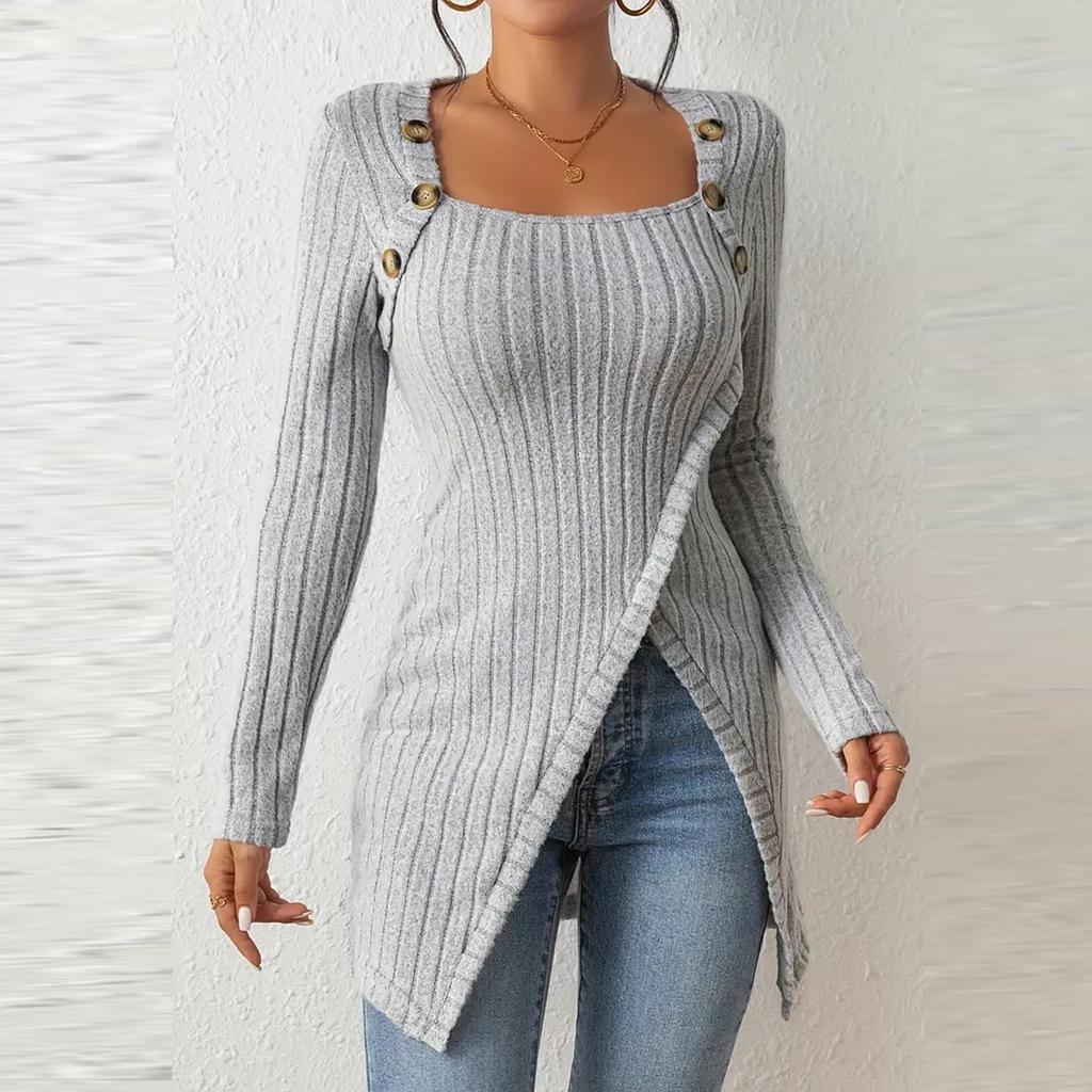 Women's Fashion Casual Long Sleeve Solid Colour Square Neck T-Shirt Button Decoration Irregular Hem Top