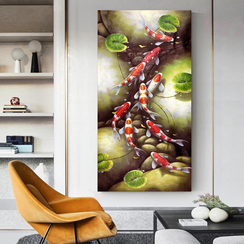 Потрясающая абстрактная картина на холсте с кои и цветком лотоса для декора стены, мурал в прихожей, спальне и гостиной