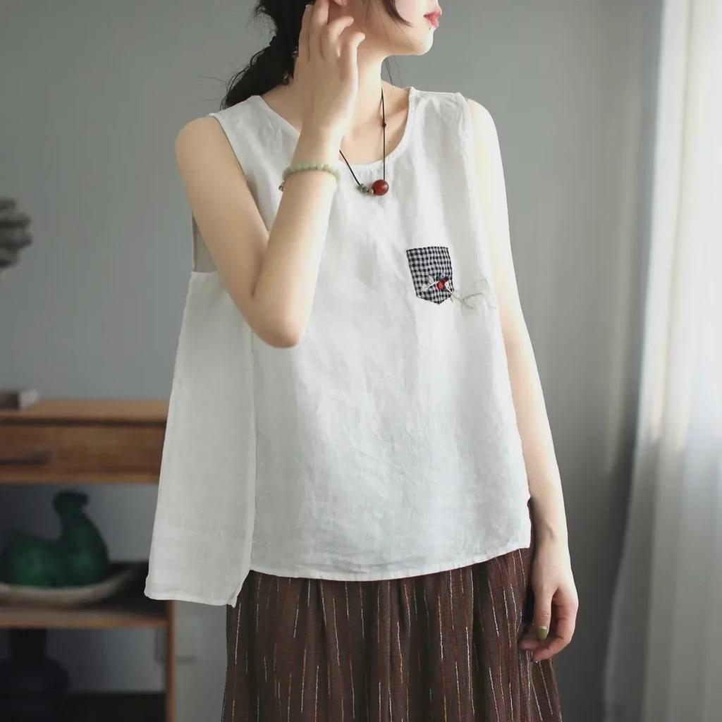 Женская свободная майка из хлопка и льна: Универсальный ретро-топ без рукавов для лета