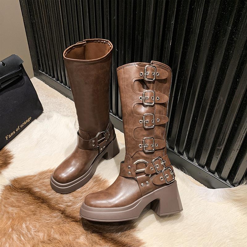 Ботинки на платформе Combat Boots Zip Chuny Heel Buckle Vintage Fashion Casual Luxury Designer Western Mid Calf Boots Shoes Woman