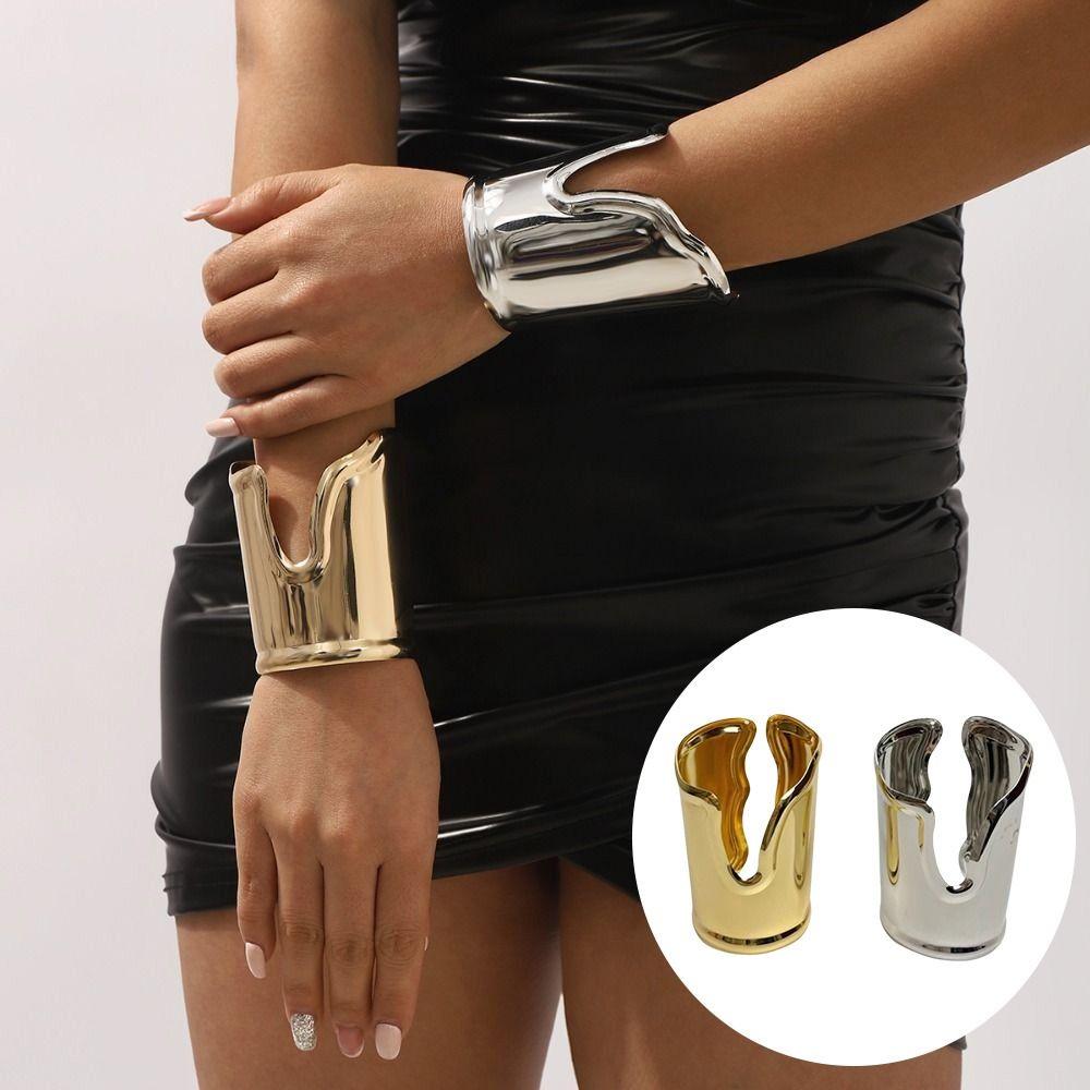 Metallic Finish Geometric Bracelet Wide Open Irregular Bracelet Statement Bangle Hand Accessory