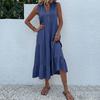 GMXIA Summer Sleeveless Pleated Skirt Loose V-neck Midlength Dress