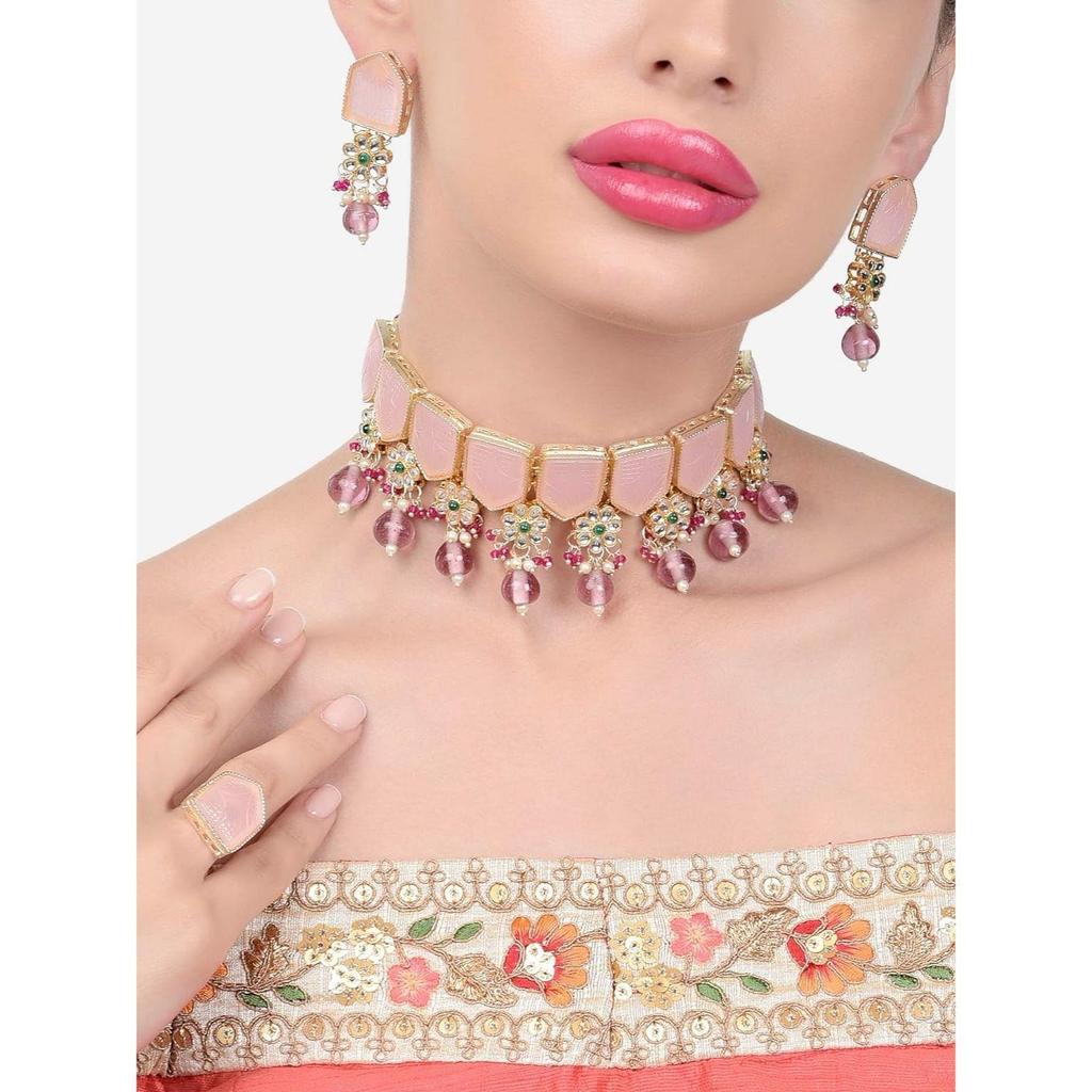 Розово-зеленые камни, бусины, колье-колье Kundan, комплект серег и колец для женщин