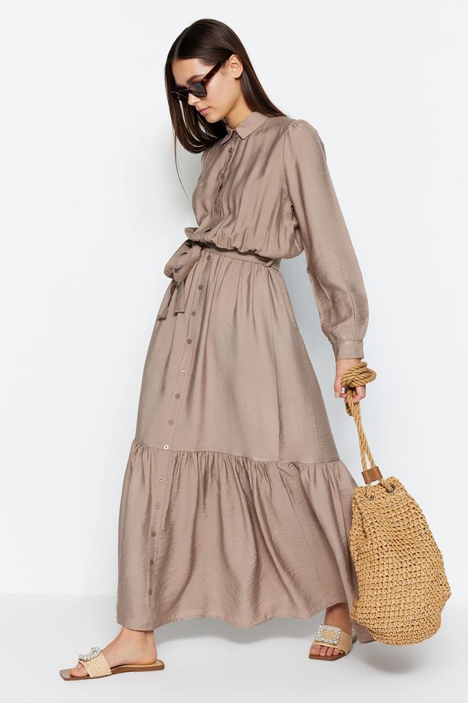 Women's Fashion New Hijab Dress Mink Belted Shoulder Detailed Skirt Flounced Woven Shirt Dress