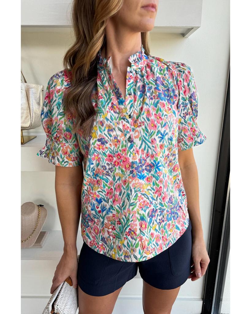 Azura Exchange Блузка с розовым цветочным принтом, разрезом на шее и рукавами-фонариками