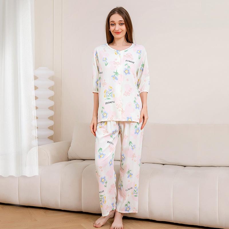 1011 new cotton pajamas women's summer thin five-quarter sleeve trousers loose large size high-end comfortable loungewear