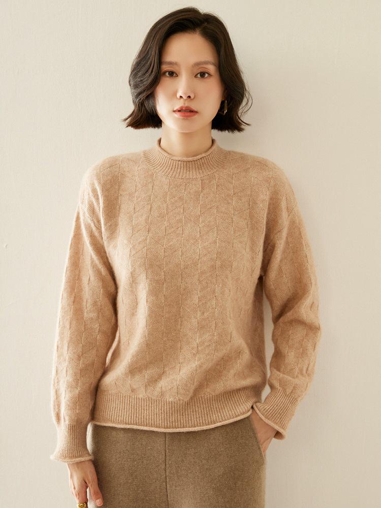 Rolled-Edge Semi-High Neck Cashmere Sweater, 2025 Autumn/Winter Women's Jacquard Knit Pullover