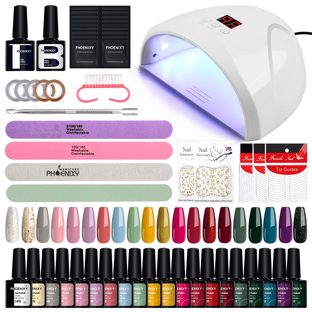 PHOENIXY 20 Colors Gel Nail Polish Set Pure Color Hybrid Varnish Kit With 36W UV LED Lamp Manicure Nail Art Tools Set For Beginner