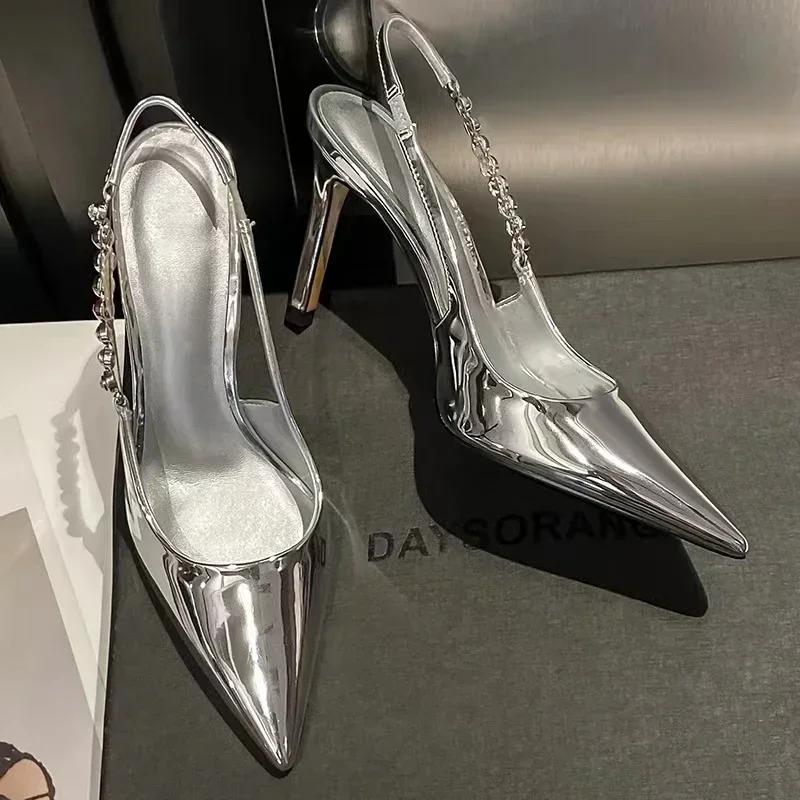 New Slingbacks Women's Pumps Sexy Pointed High Heels Silver Leather Party Pumps Fashion Elegant Dress Shoes High Heels Women
