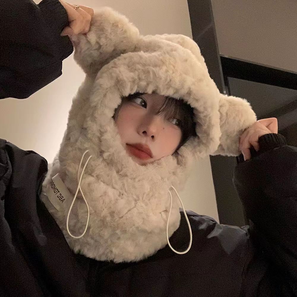 Осень Зима Женская Милая Утепленная Плюшевая Шапка-Шарф Интегрированная Корейский Стиль Теплая Защита Ушей Велосипедная Шапка Лей Фэн