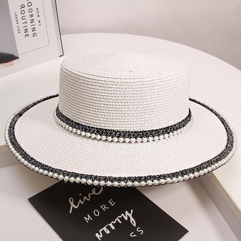 Retro Pearl Lace Flat Top Straw Hat Trendy Women's Summer Outing Beach Sun Protection and Sunshade Hat Beach Hat