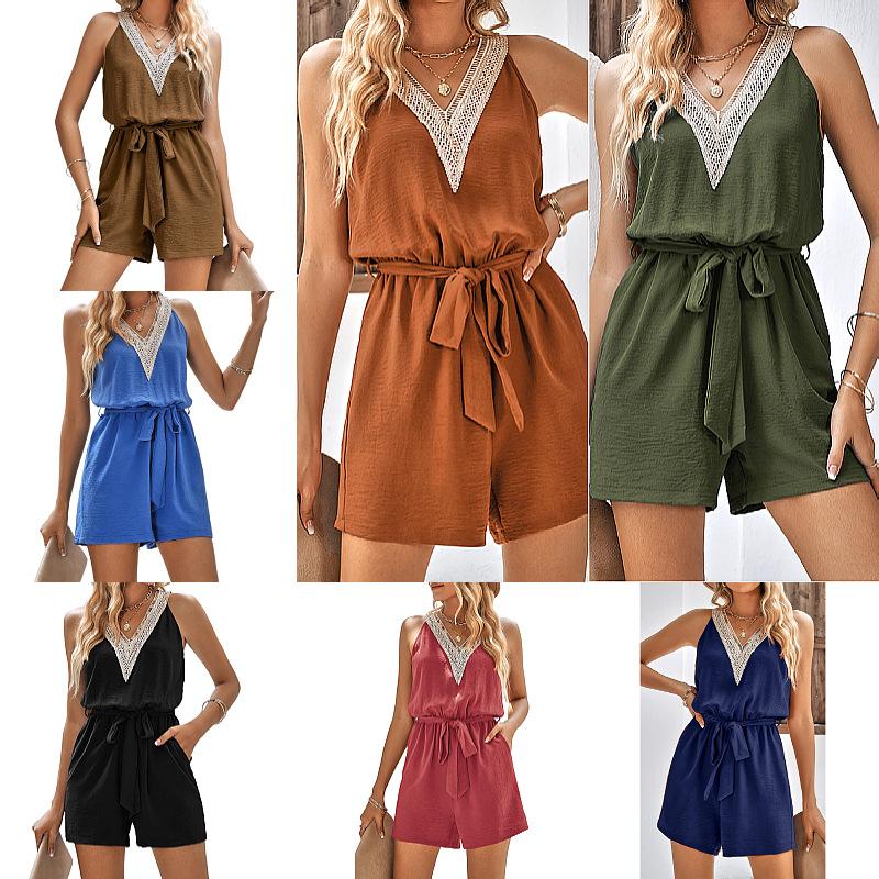 Women's V Neck Sleeveless Lace Romper Loose Fit High Waist Casual Playsuit