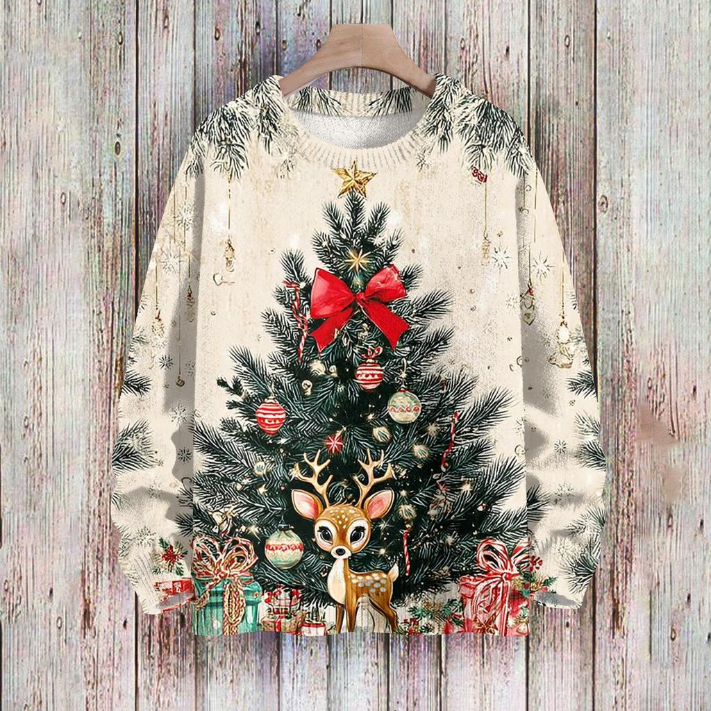 Рождественские толстовки для женщин Вязаный свитер Милая рубашка Осенний свитер с круглым вырезом Топы