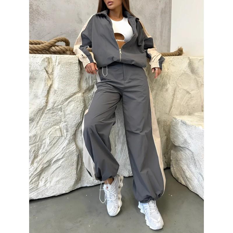 Womens Casual Tracksuit Color Block Drawstring Long Sleeve Jacket Pants Set Streetwear