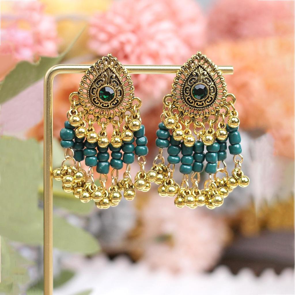 Европейско-американские богемные этнические серьги с бусинами и стразами в форме колокольчиков - Смелый ретро-стиль