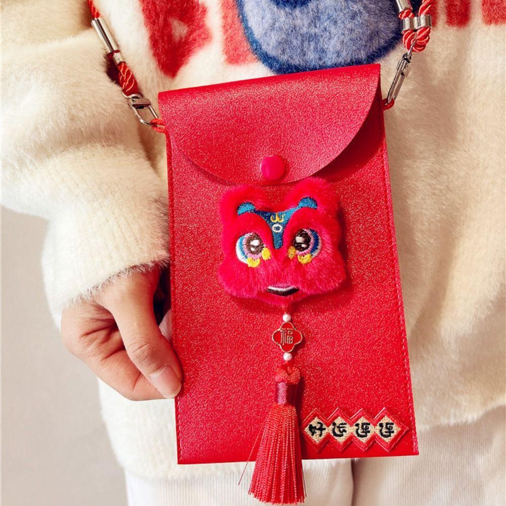 Cross Body PU Leather Red Envelope Tassel Lion Dance New Year Money Envelope  Celebration Party