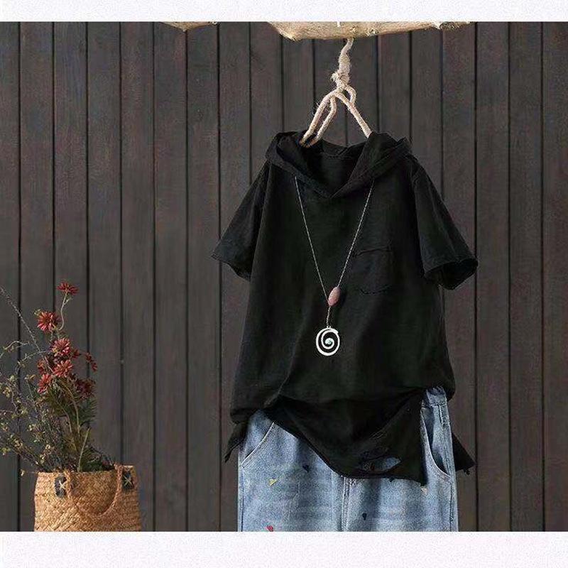 Хлопковая футболка с капюшоном, женская летняя стильная футболка с карманом и принтом, свободный белый повседневный топ с короткими рукавами и отверстиями Y2k