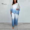 Summer Chiffon Gradient 2 Piece Set for Women Plus Size Crew Neck Top Wide-leg Pant Set Casual Loungewear Outfit