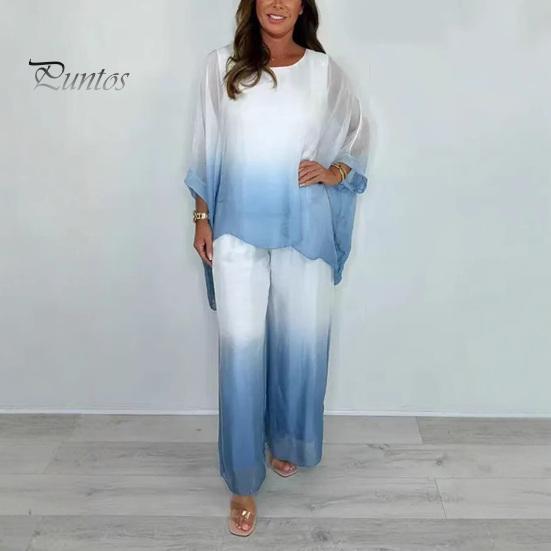 Summer Chiffon Gradient 2 Piece Set for Women Plus Size Crew Neck Top Wide-leg Pant Set Casual Loungewear Outfit