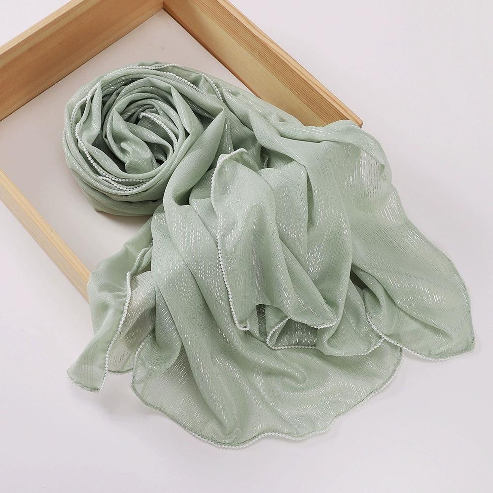 Chiffon Gold and Silver Wire Light Thin Women's Casual Pearl Edge Shawl Headscarf Hijab Scarves