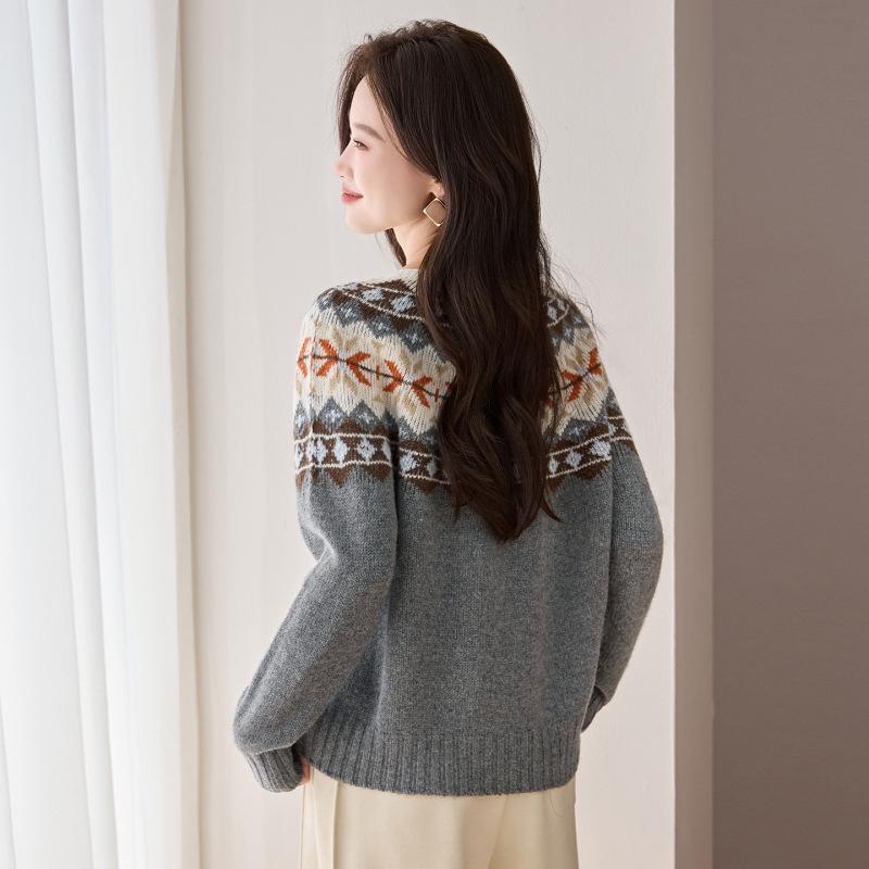 Women's Autumn/Winter Pure Wool Jacquard Knit Pullover Sweater