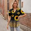 Women's Pleated V-neck Short Sleeved Sunflower Print T-shirt Business Casual Shirt