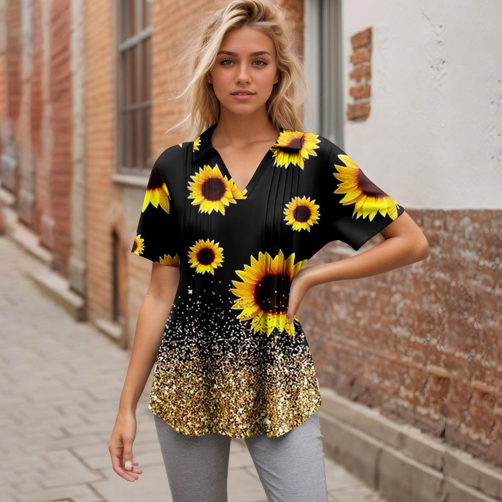 Women's Pleated V-neck Short Sleeved Sunflower Print T-shirt Business Casual Shirt