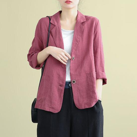 Cotton Linen Coat for Women Vintage Long Sleeve Blazer Jacket Casual Lapel 2 Buttons Thin