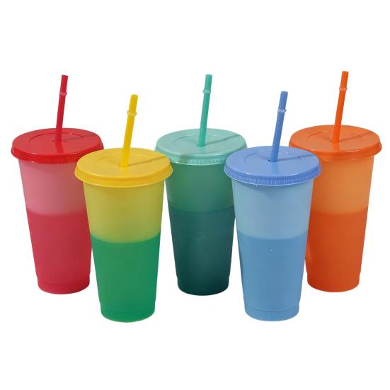 Color Changing Plastic Tumbler with Straw 24oz Reusable Cold Water Cup