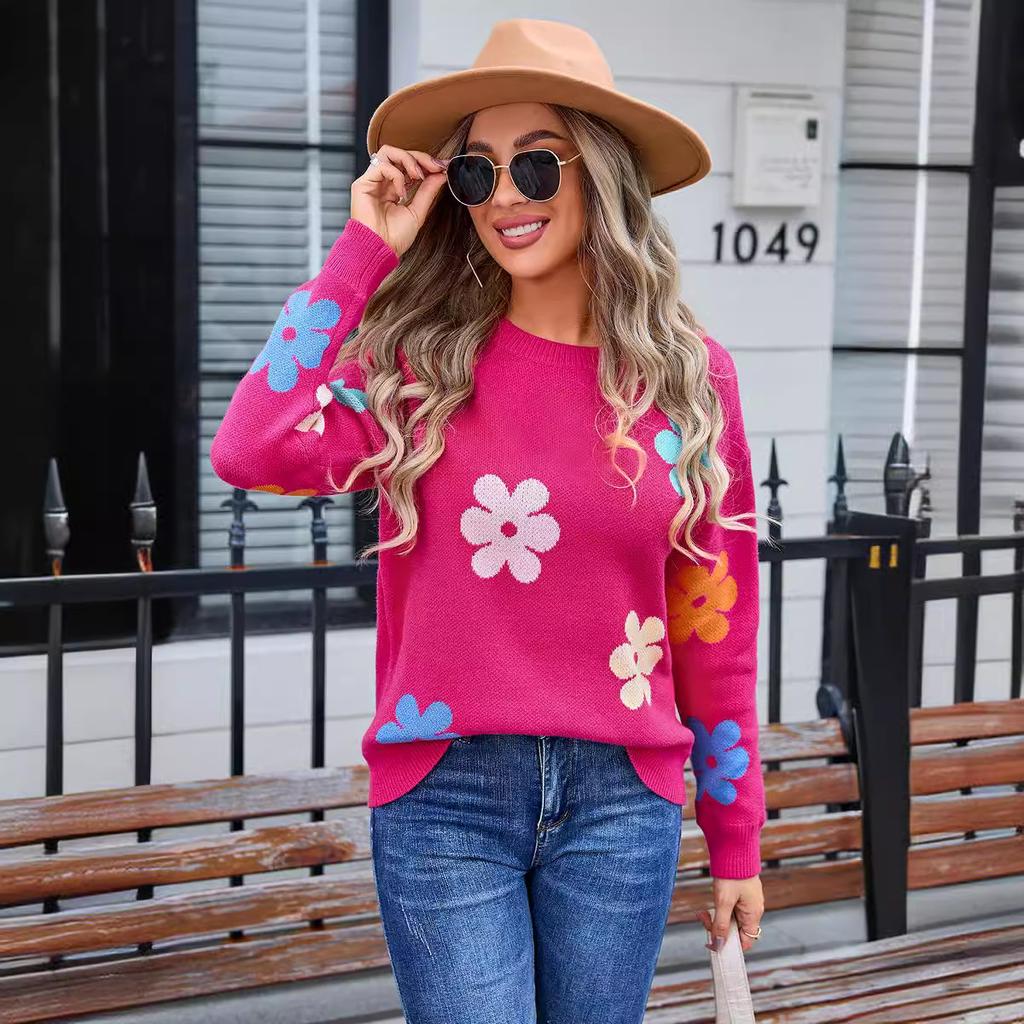 Women's Autumn and Winter Floral Colour Block Crew Neck Knitted Sweater