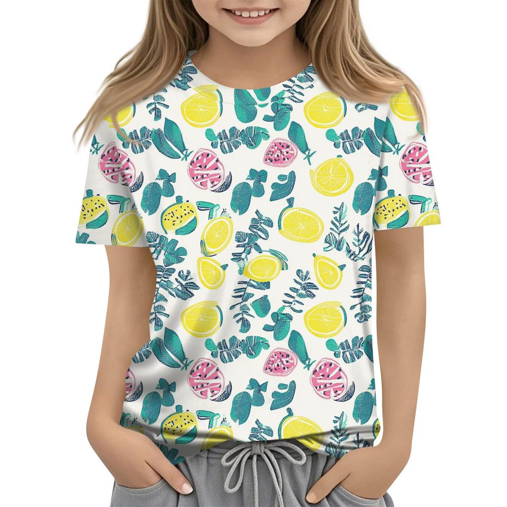 Children's Fashion Casual Short Sleeve Plant Printed Round Neck T-Shirt Top