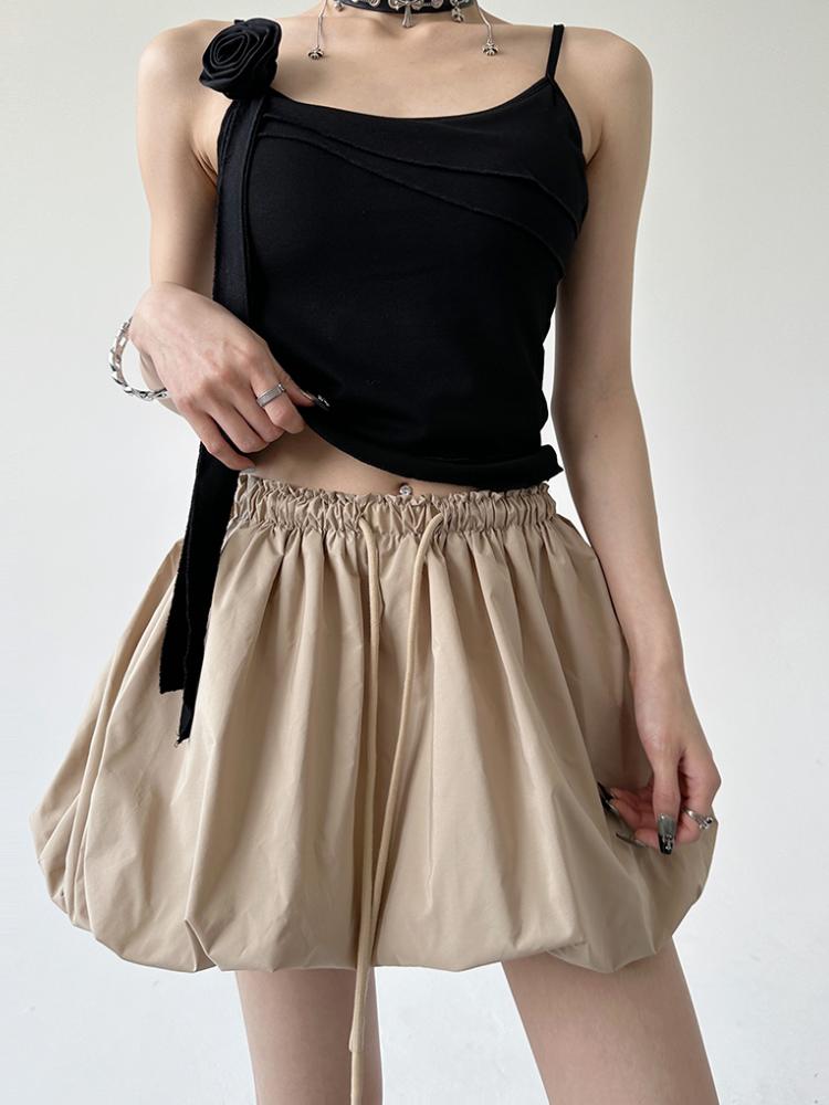 Корейская винтажная мини-юбка-баллон, женская летняя уличная одежда, модная трапециевидная юбка с высокой талией, милая сексуальная плиссированная юбка-пузырь на шнурке