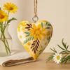 Heart-Shaped Hanging Ornament Wood Yellow Floral Glossy Large