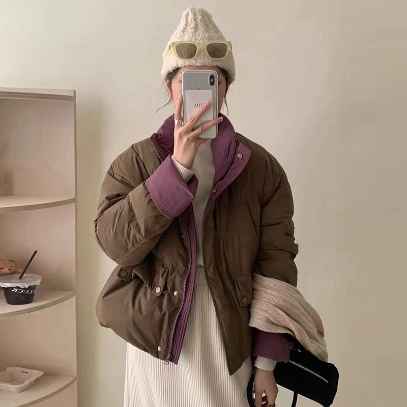 Контрастный цветной стоячий воротник-пуховик 2024 зима новый свободный модный допамин утолщенный теплый хлеб куртка