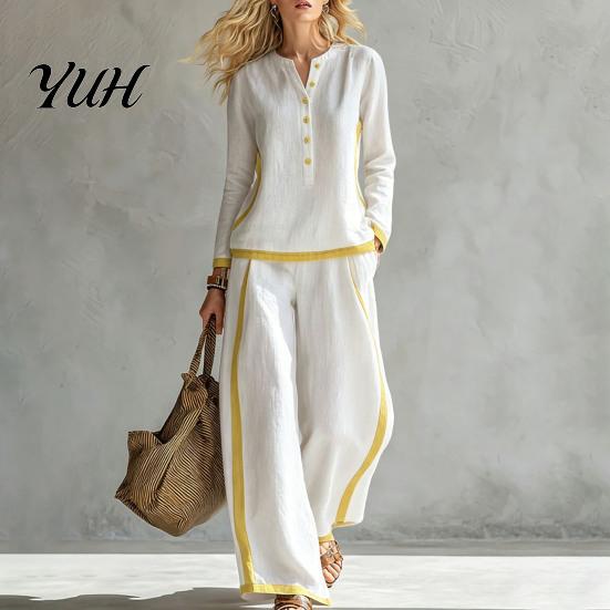 Women Two Piece Outfits Matching Set, V-Neck Button-Up Sweatshirt, High Waisted Vacation Wide Leg Pants, Contrast Color Lounge Set for Daily Wear Sets