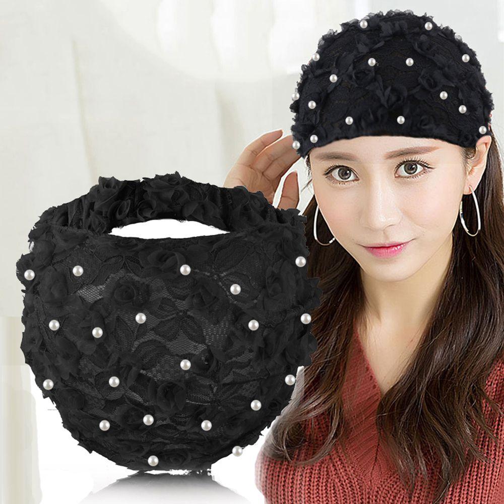 Винтажная сетчатая жемчужная широкая боковая повязка для девочек и женщин, повязка на голову с цветком, корейская кружевная повязка на голову