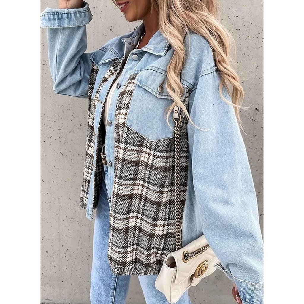 Denim Jacket, Long Sleeved, Checkered, Button Up, Shirt, Jacket Top
