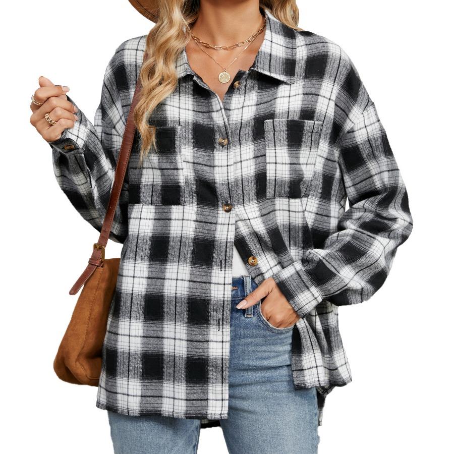 Autumn Winter Thick Long Shirts Lapel Long Sleeve Pocket Button Checkered Shirt Casual Plaid Blouse Jacket Top for Women