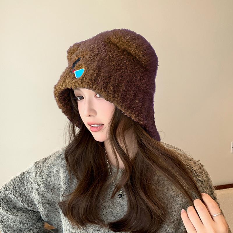 Autumn Winter Hat Women Bear Ear Protection Cap Plush Warm Knitted Wool Hat